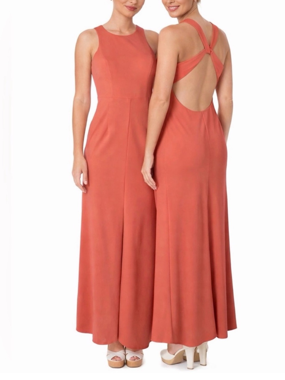 EUC Bariano Jersey Knit Coral Pink Maxi Office Career Desk to Dinner Party Dress